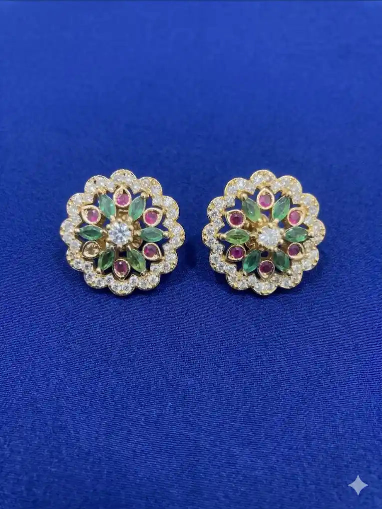 Ruby Flower Stud Earrings – Gold Plated with CZ Diamonds