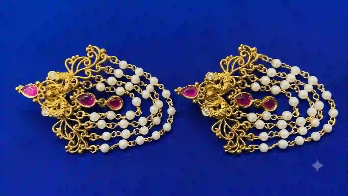 Gold Plated Pearl Chain Earrings with Ruby Stones