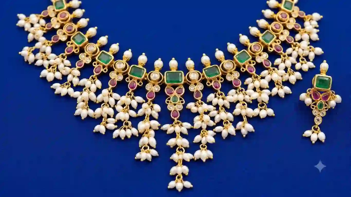 Kundan Pearl Drop Necklace Set with Emerald & Ruby Stones
