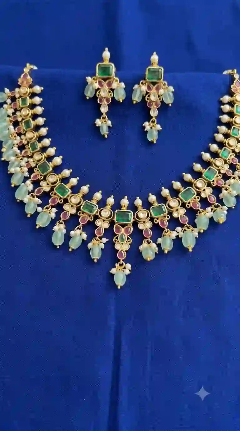 Gold Plated Kundan Necklace & Earrings Set with Emerald & Pearl