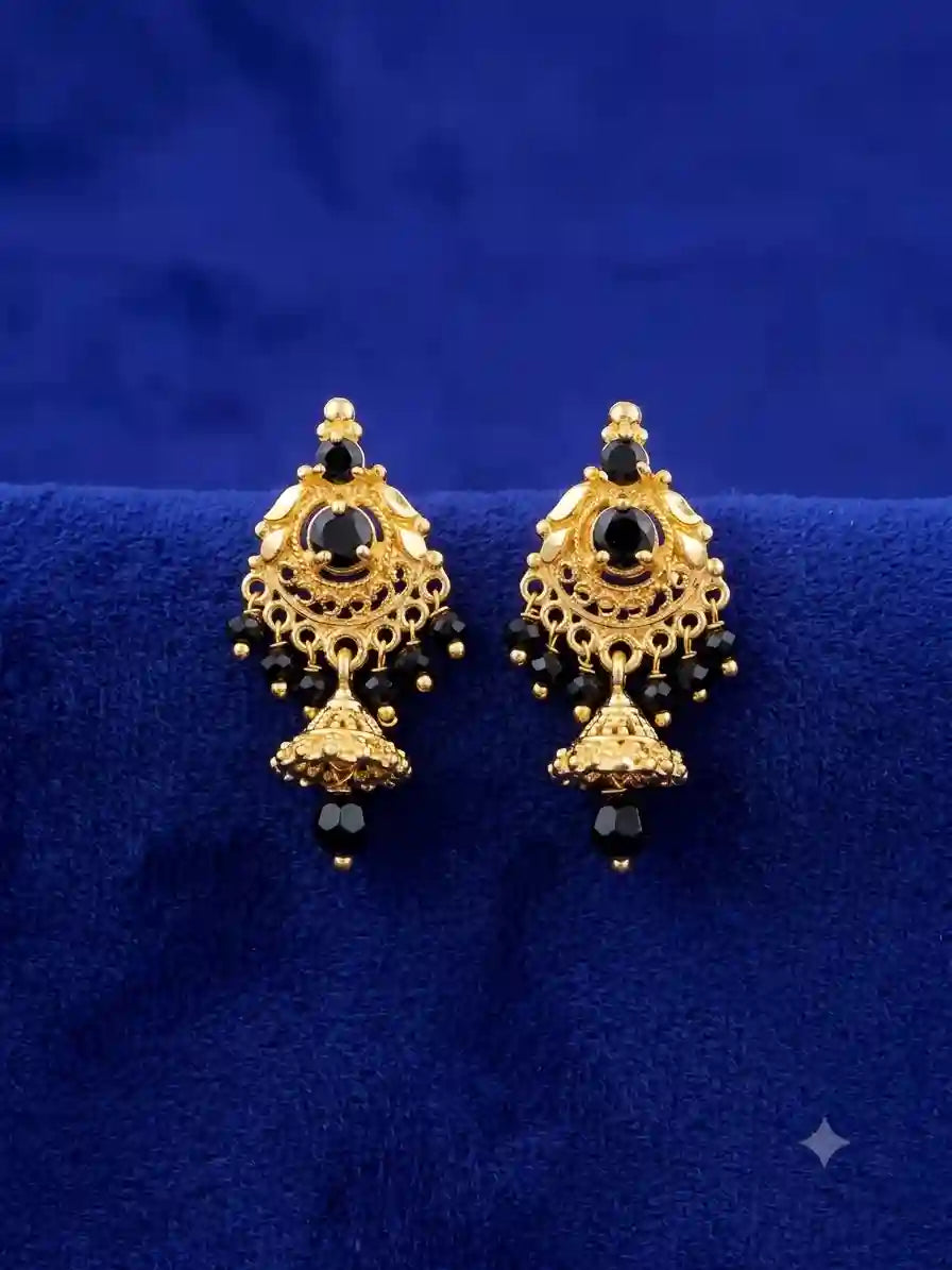 Black Crystal Gold Jhumka Earrings