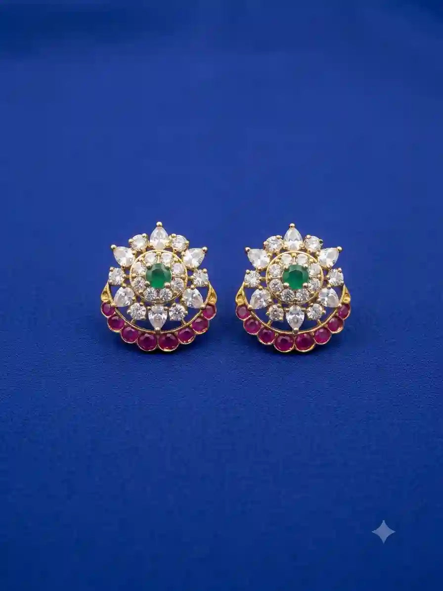 Gold Plated CZ Emerald Ruby Stud Earrings