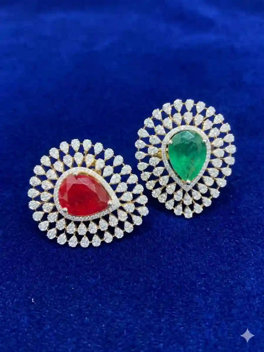 CZ Diamond Cocktail Finger Ring – Ruby & Emerald Stone (Gold Plated)