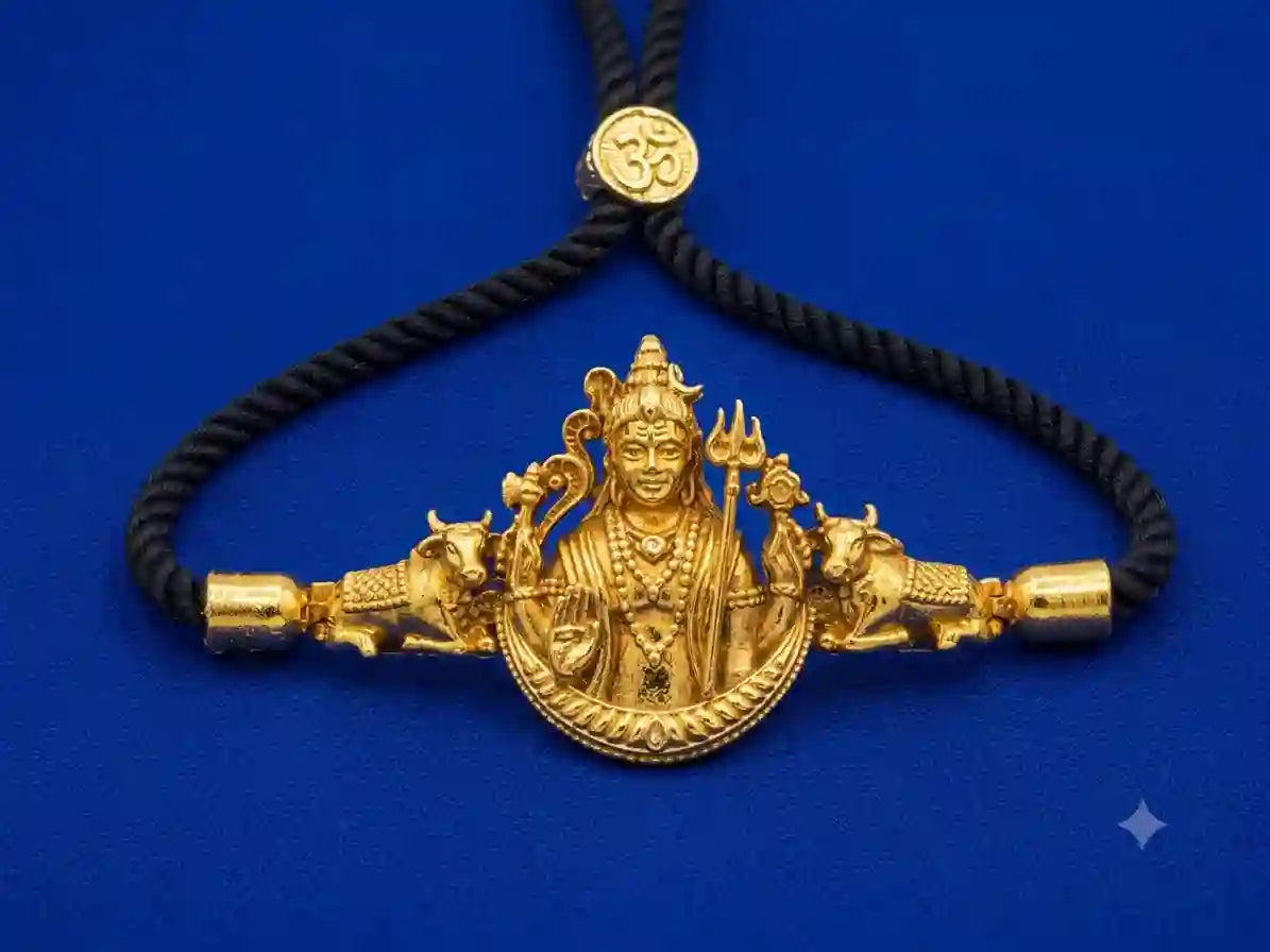 Lord Shiva Gold Bracelet – Divine Temple Jewellery on Black Cord with Om Clasp