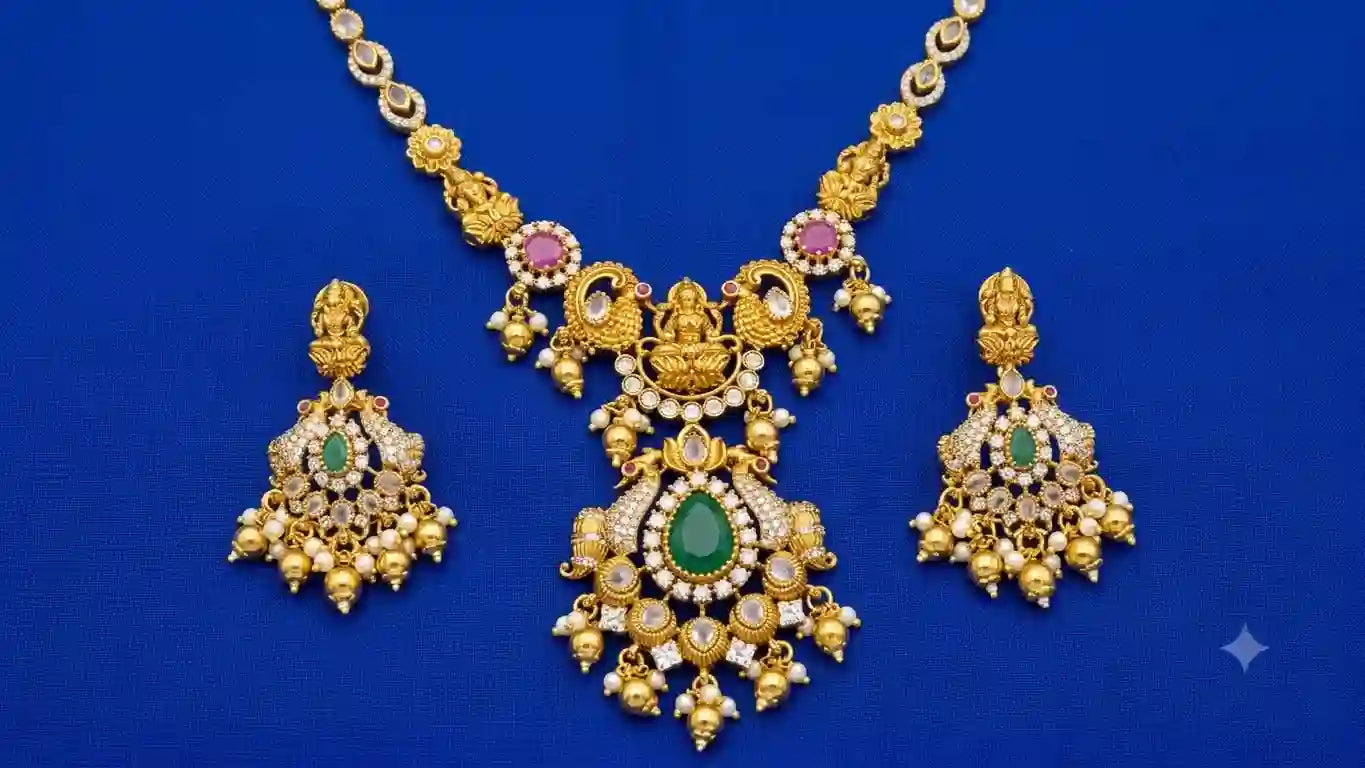 Lakshmi Temple Jewellery Necklace and Earrings Set with Emerald and Pearl