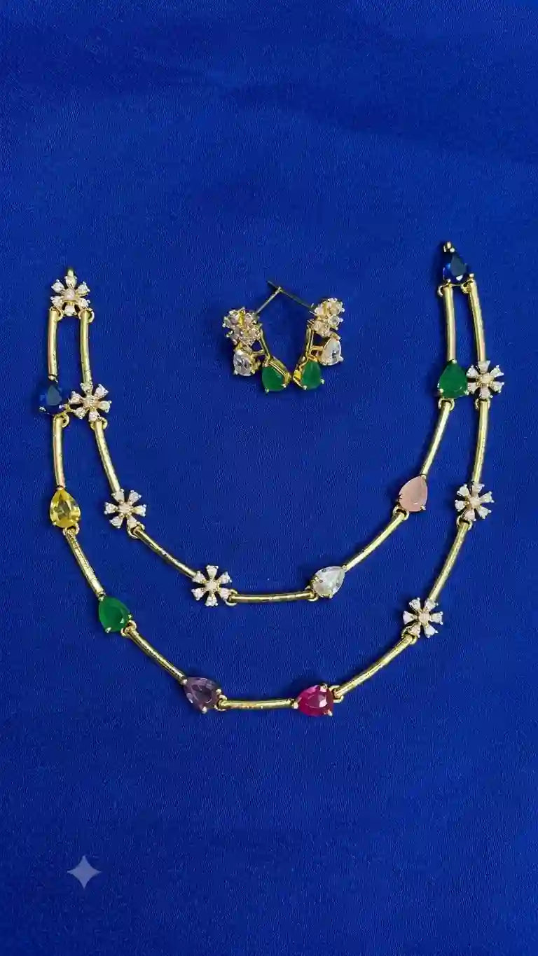 Navratna Gold Plated Necklace Set with Earrings