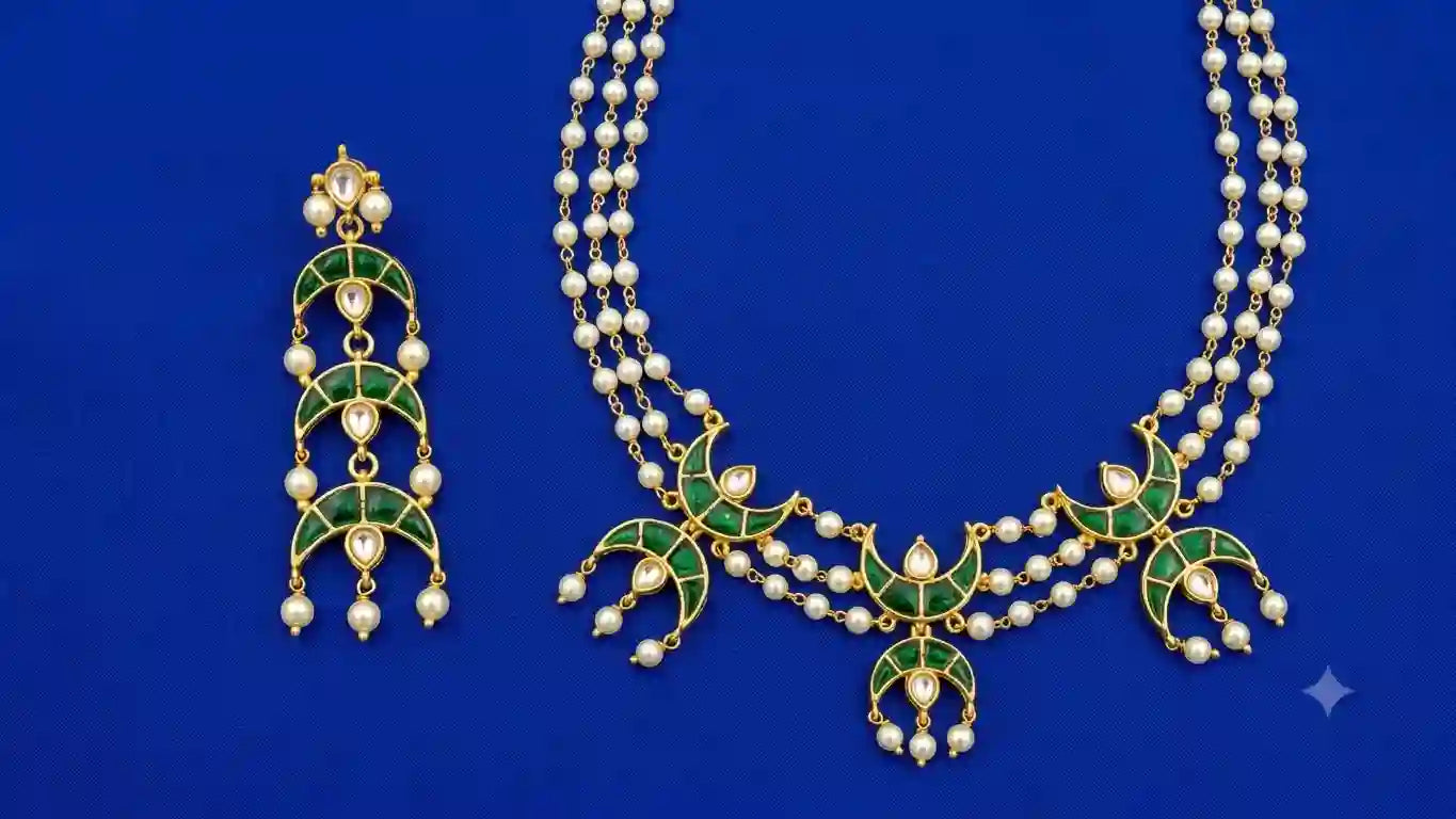 Jadau Emerald Crescent Pearl Choker Necklace & Earrings Set – Gold Plated