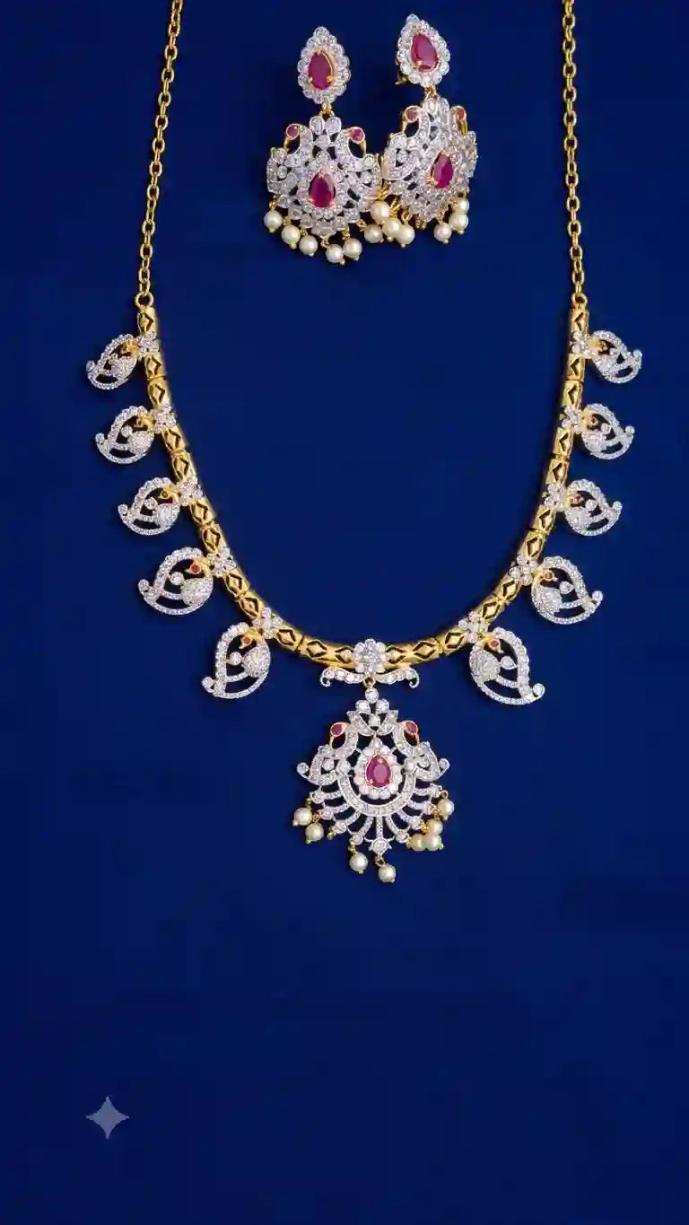 Gold Plated CZ Ruby Pendant Necklace Set with Earrings