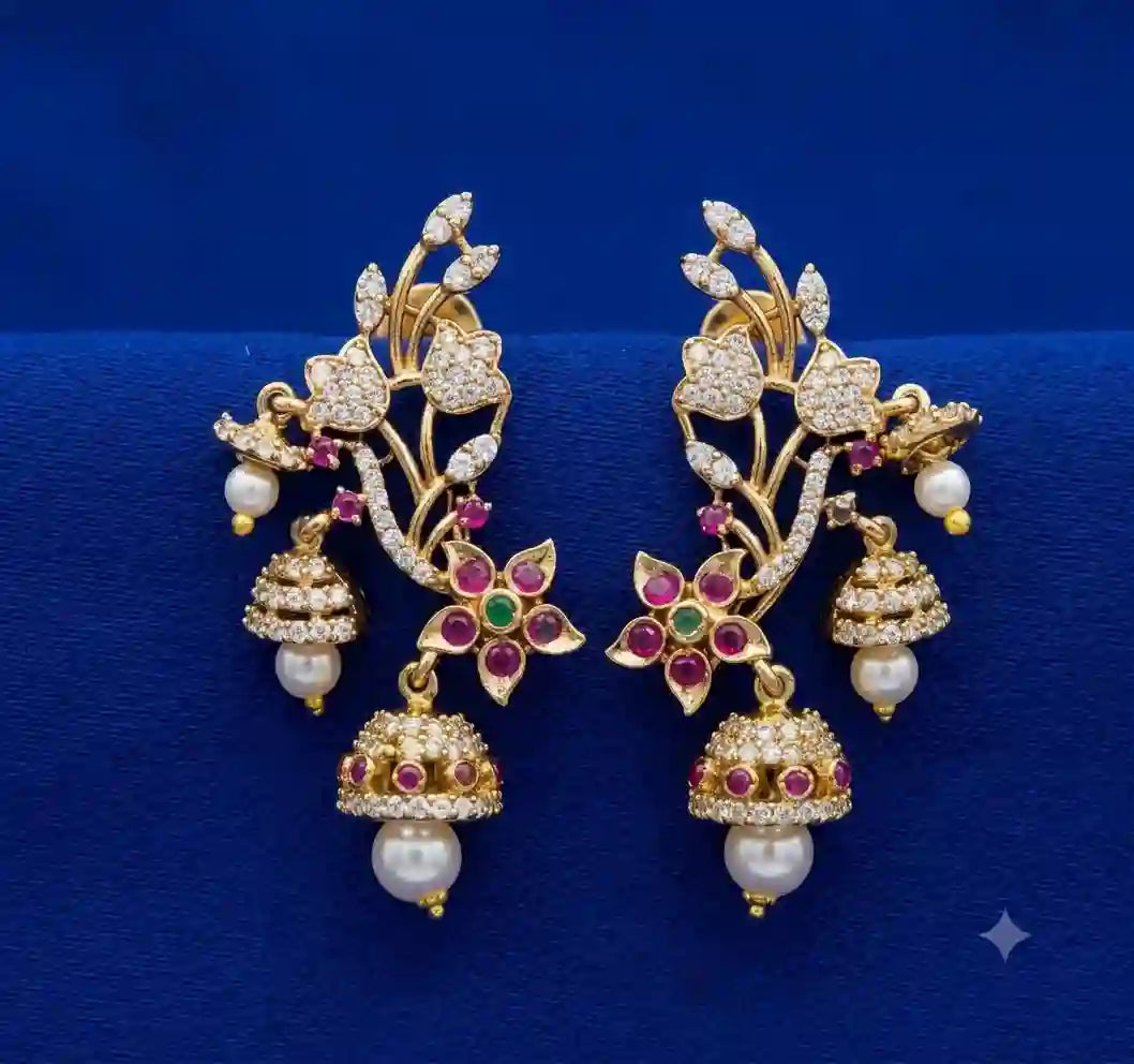 Floral Vine CZ and Ruby Double Jhumka Earrings with Pearl Drops