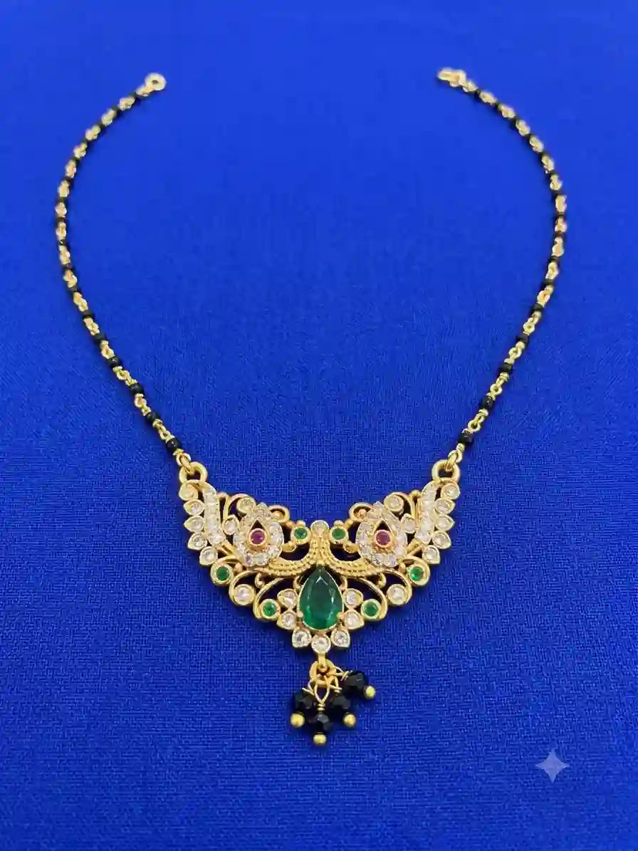 Gold Plated CZ & Emerald Mangalsutra with Black Bead Chain