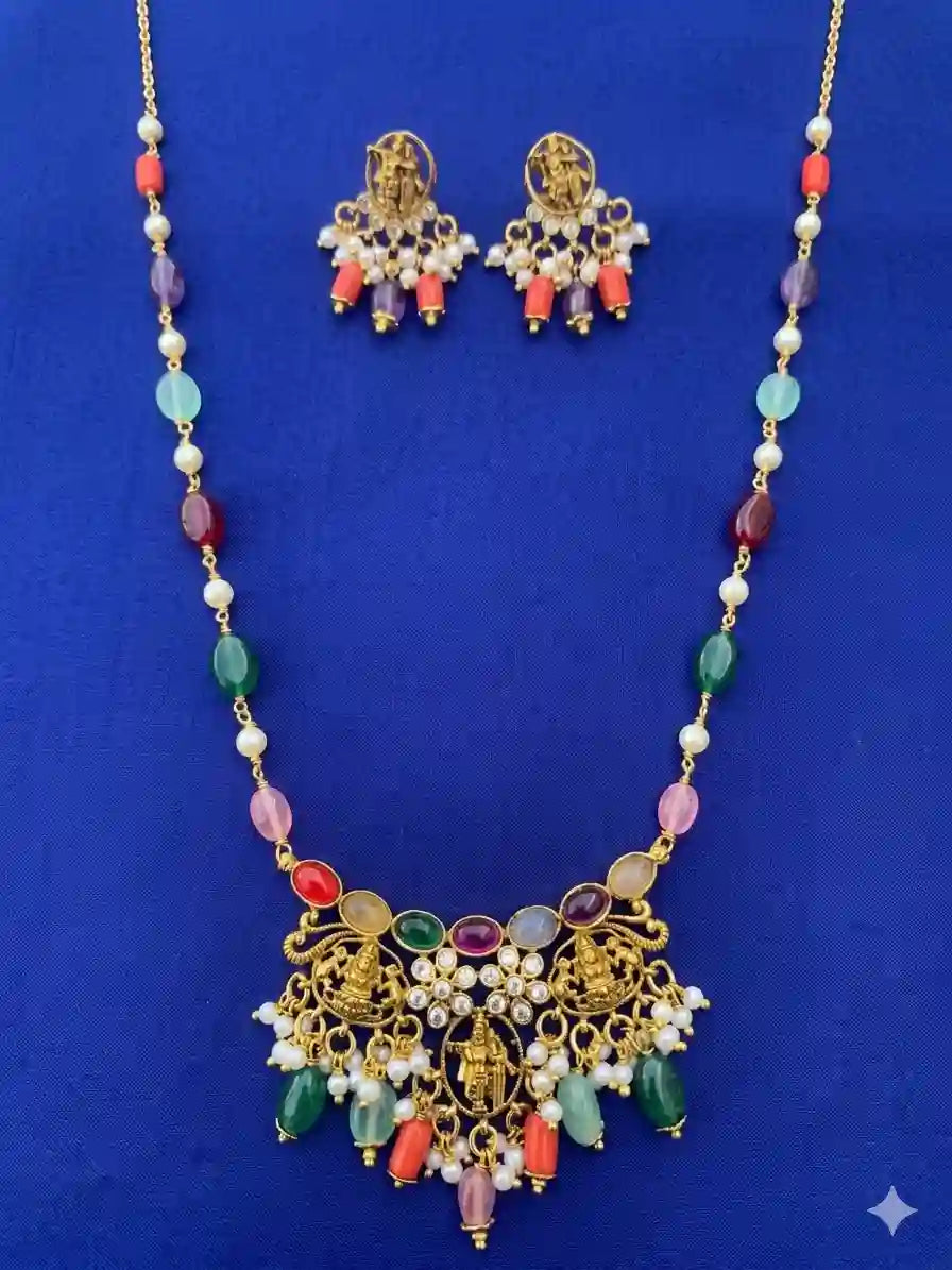 Gold Plated Navratna Temple Necklace Set with Earrings