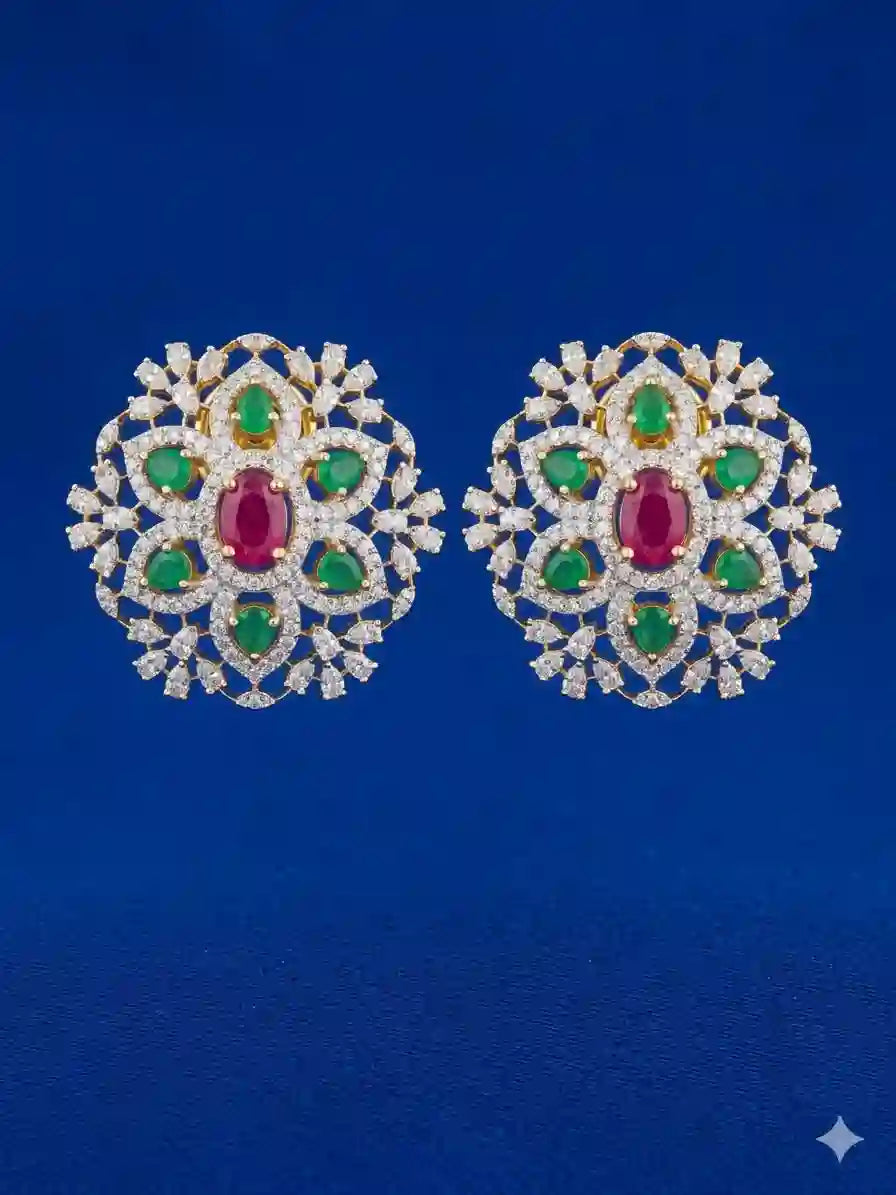 CZ Diamond Floral Stud Earrings – Ruby & Emerald Stone (Gold Plated)