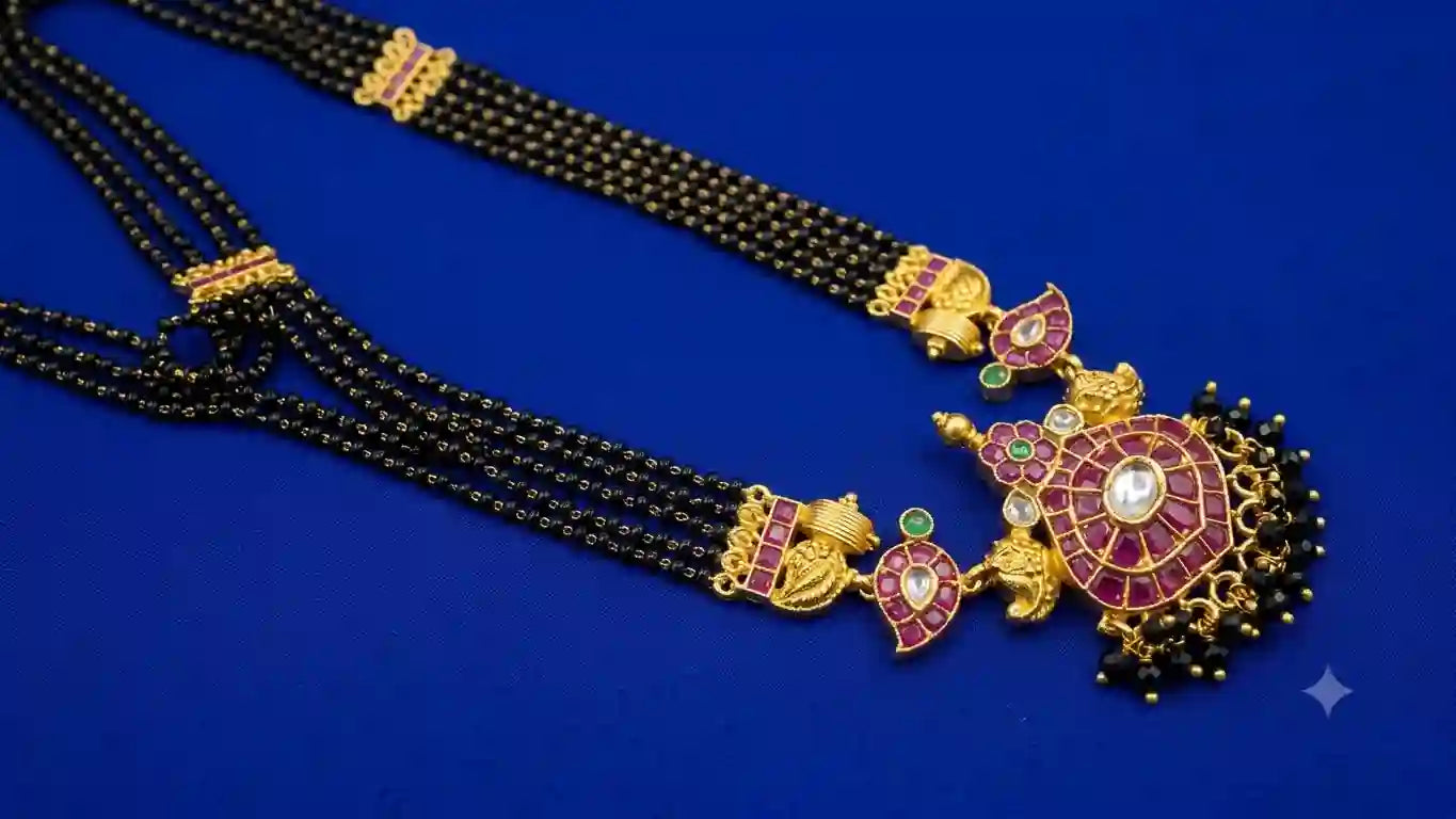 Gold Plated Ruby Kundan Mangalsutra – Multi-Strand Black Bead Chain