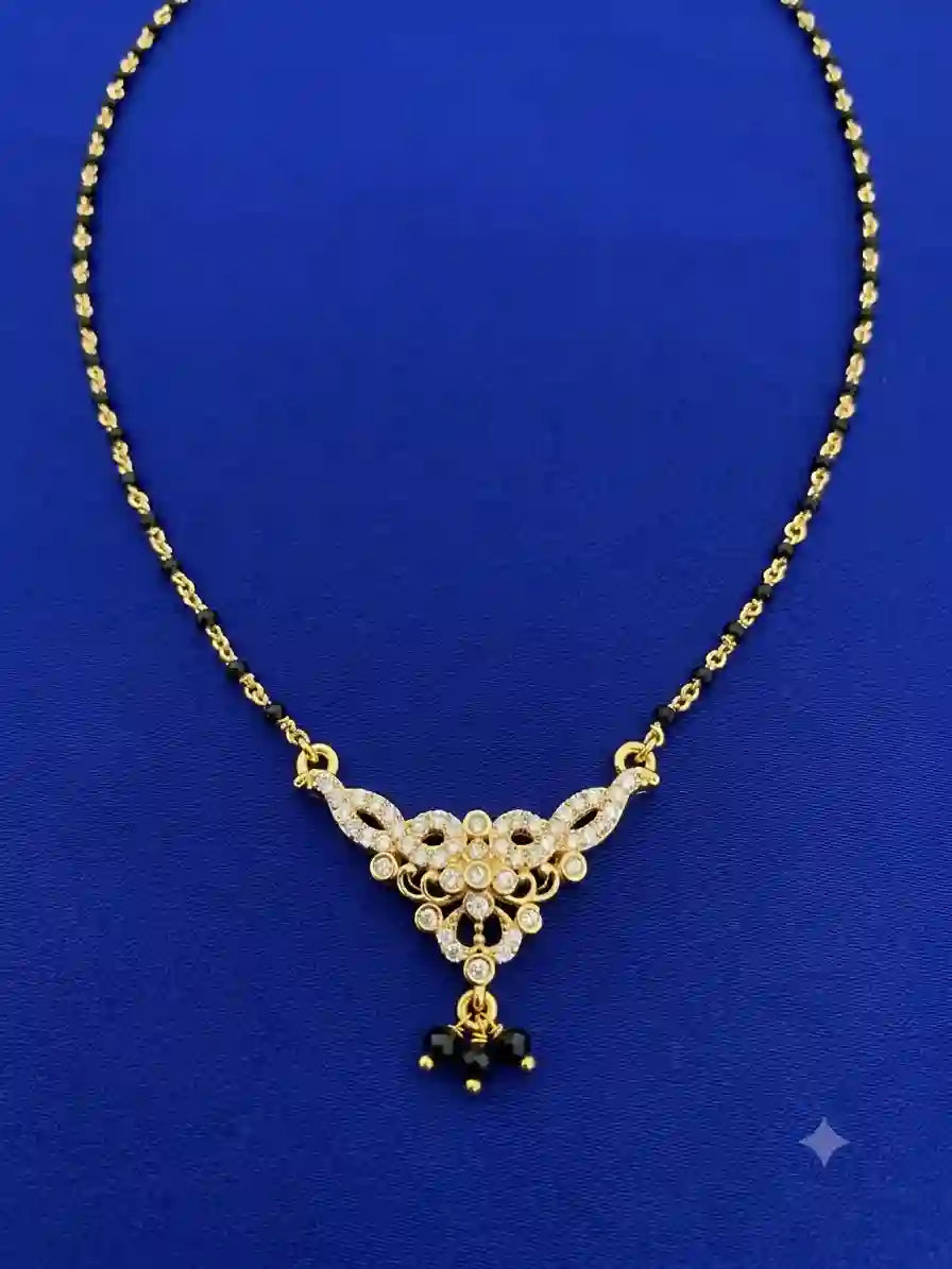 Gold Plated CZ Floral Mangalsutra with Black Bead Chain