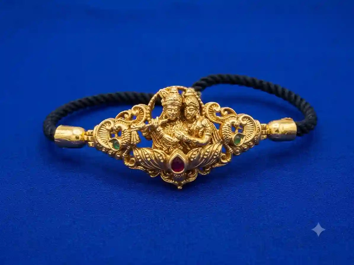 SRI krishna Gold Bracelet – Divine Temple Jewellery on Black Cord with Om Clasp