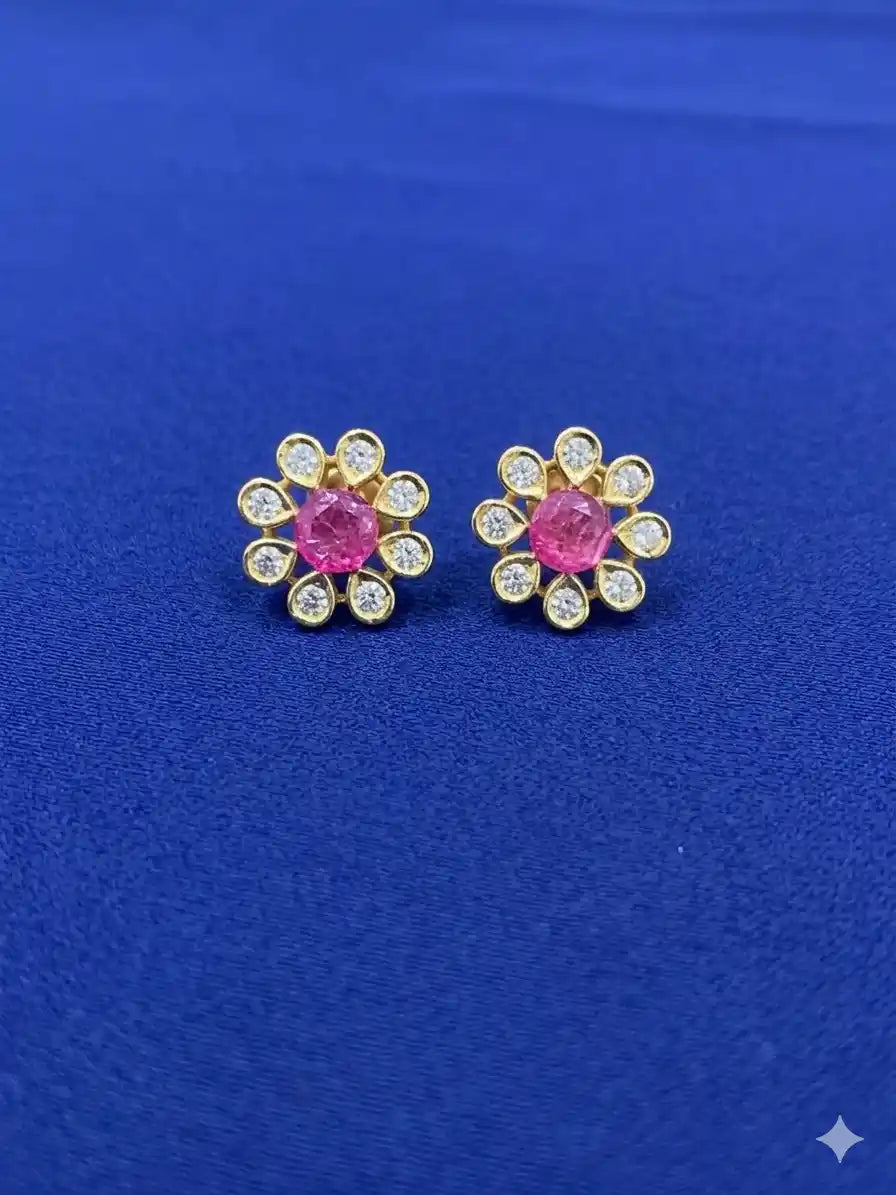 Ruby Flower Stud Earrings – Gold Plated with CZ Diamonds