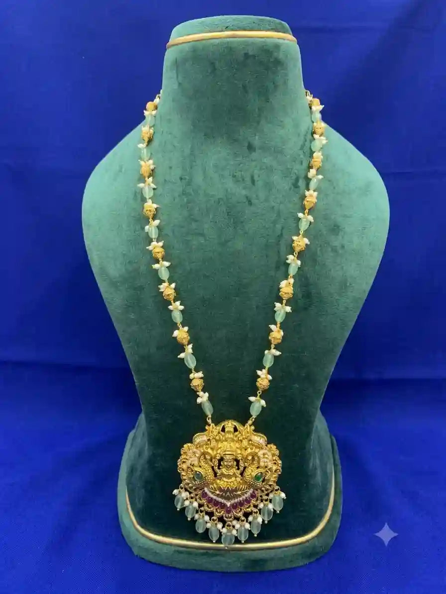 Lakshmi Pendant Long Necklace with Jade & Pearl Beads