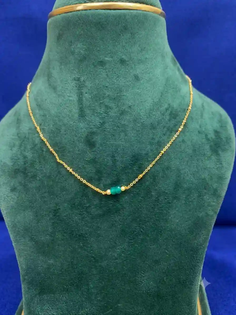 Gold Plated Emerald Bead & Pearl Chain Necklace