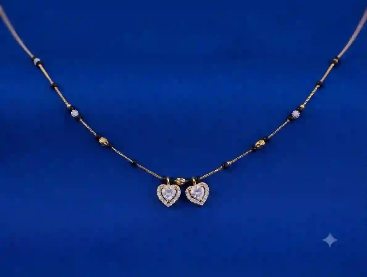 Double Heart Diamond Mangalsutra with black bead gold chain