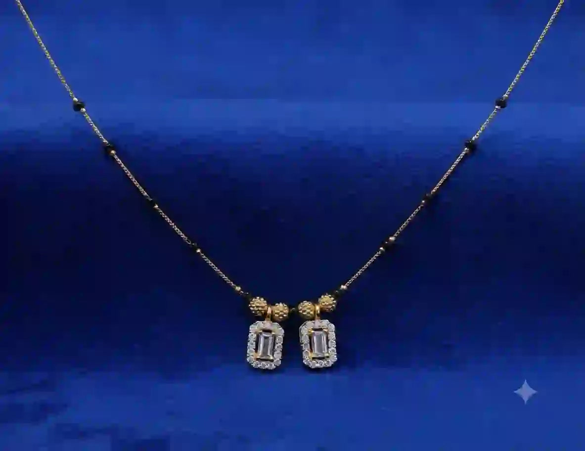 Diamond Mangalsutra with Twin Rectangle Pendants on blue velvet background