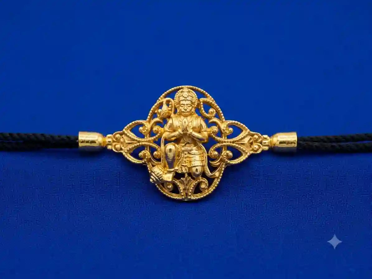 Lord Hanuman Gold Bracelet – Divine Filigree Temple Jewellery on Black Cord