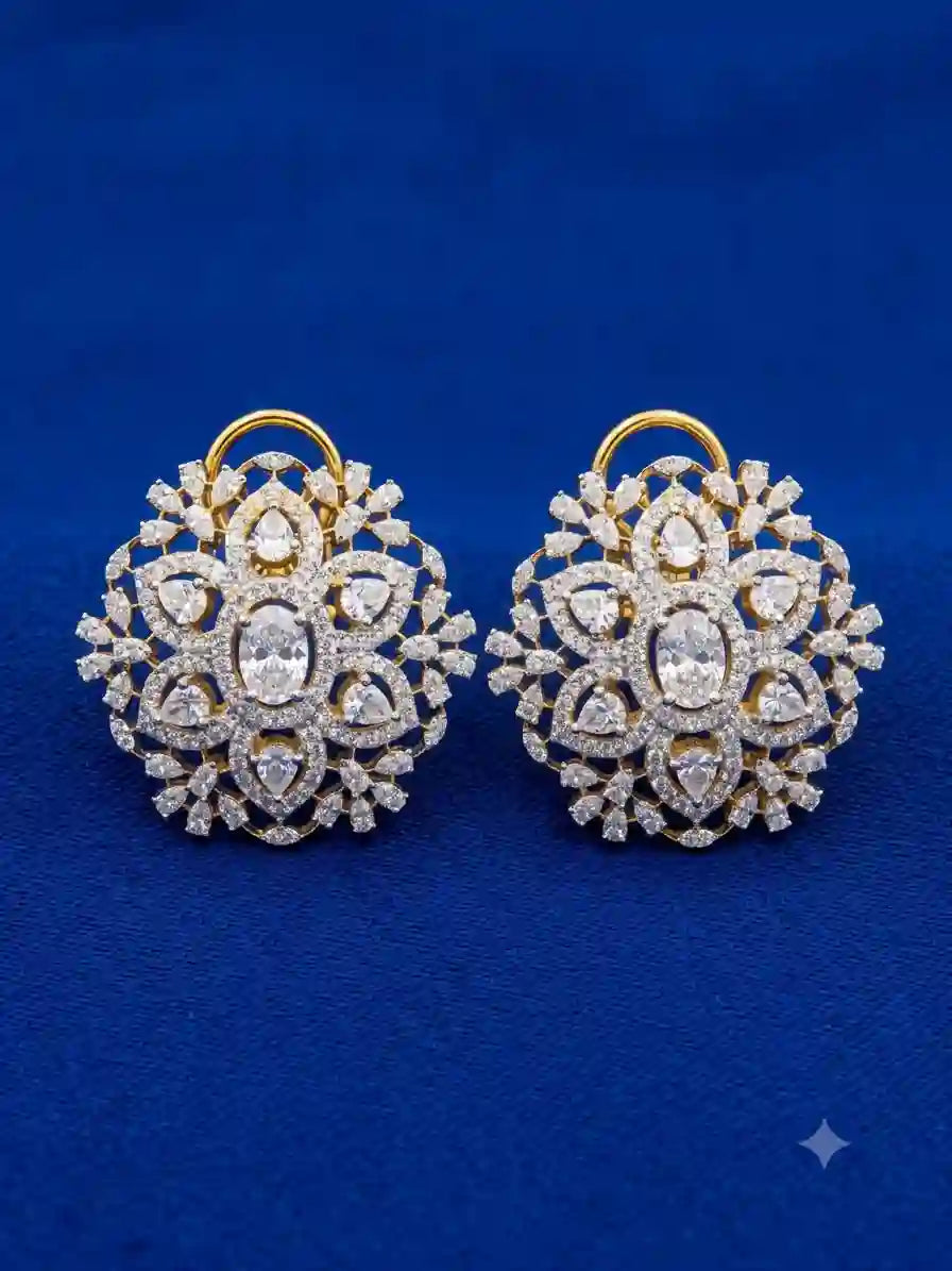 White CZ Diamond Floral Clip Stud Earrings – Gold Plated
