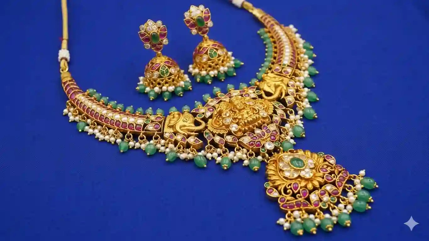 Temple Lakshmi Necklace & Jhumka Earrings Set – Antique Gold with Ruby Emerald & Pearl