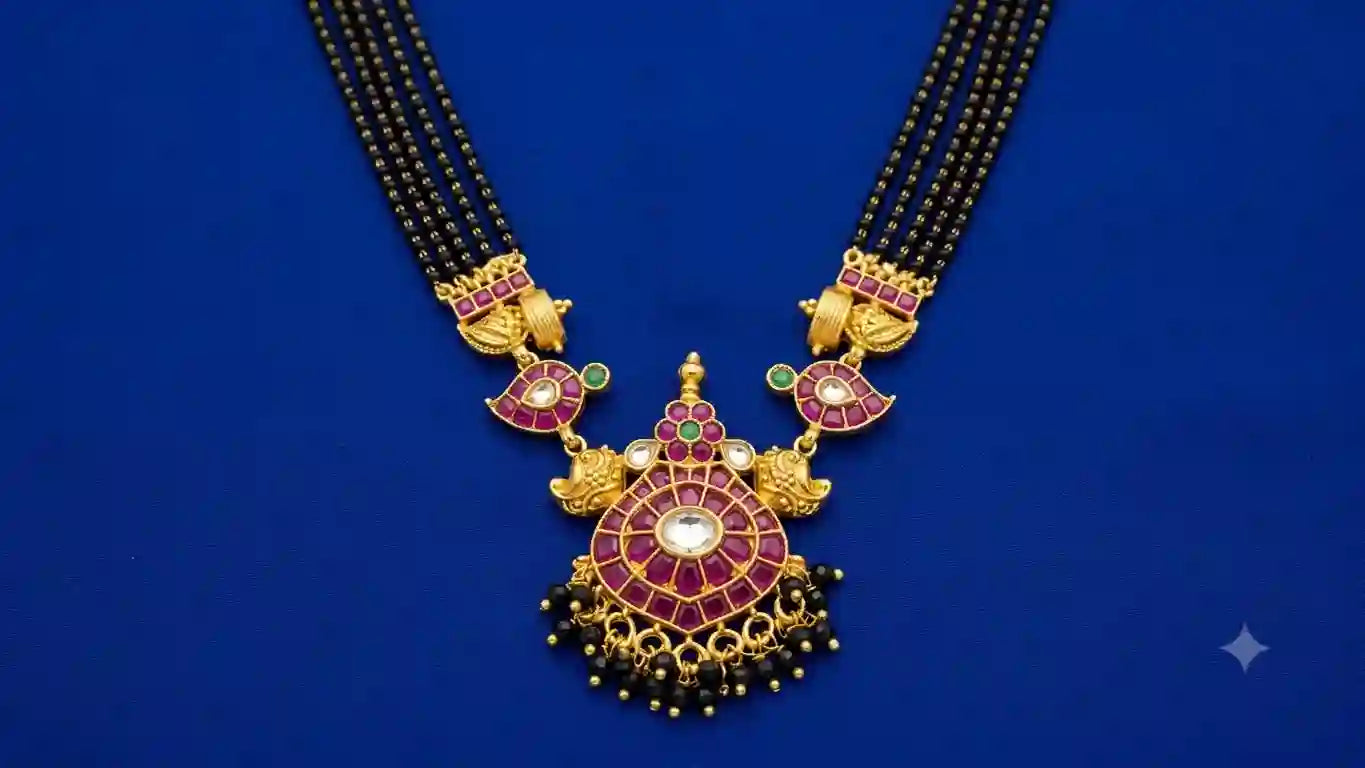Kemp Stone Peacock Mangalsutra Necklace with Black Bead Chain
