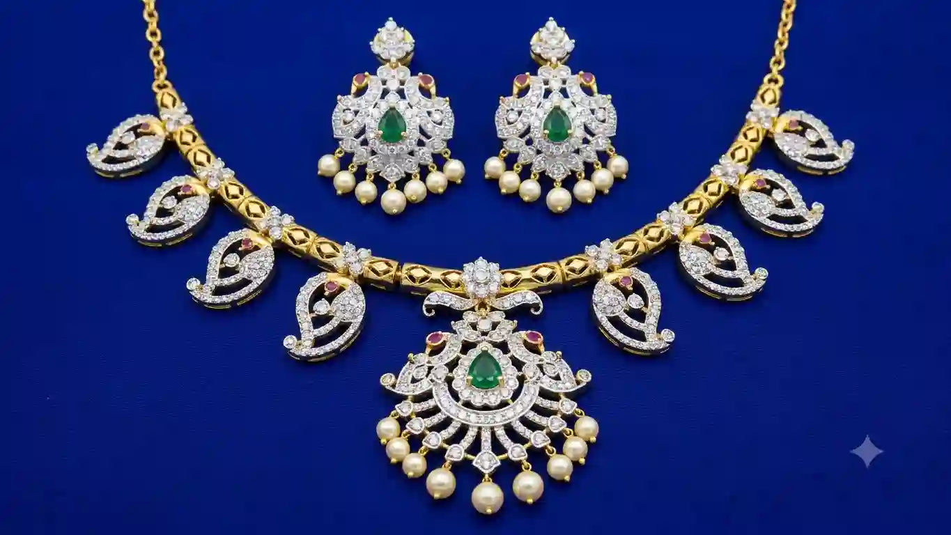Gold-Plated CZ Emerald Necklace Set with Pearl Drops