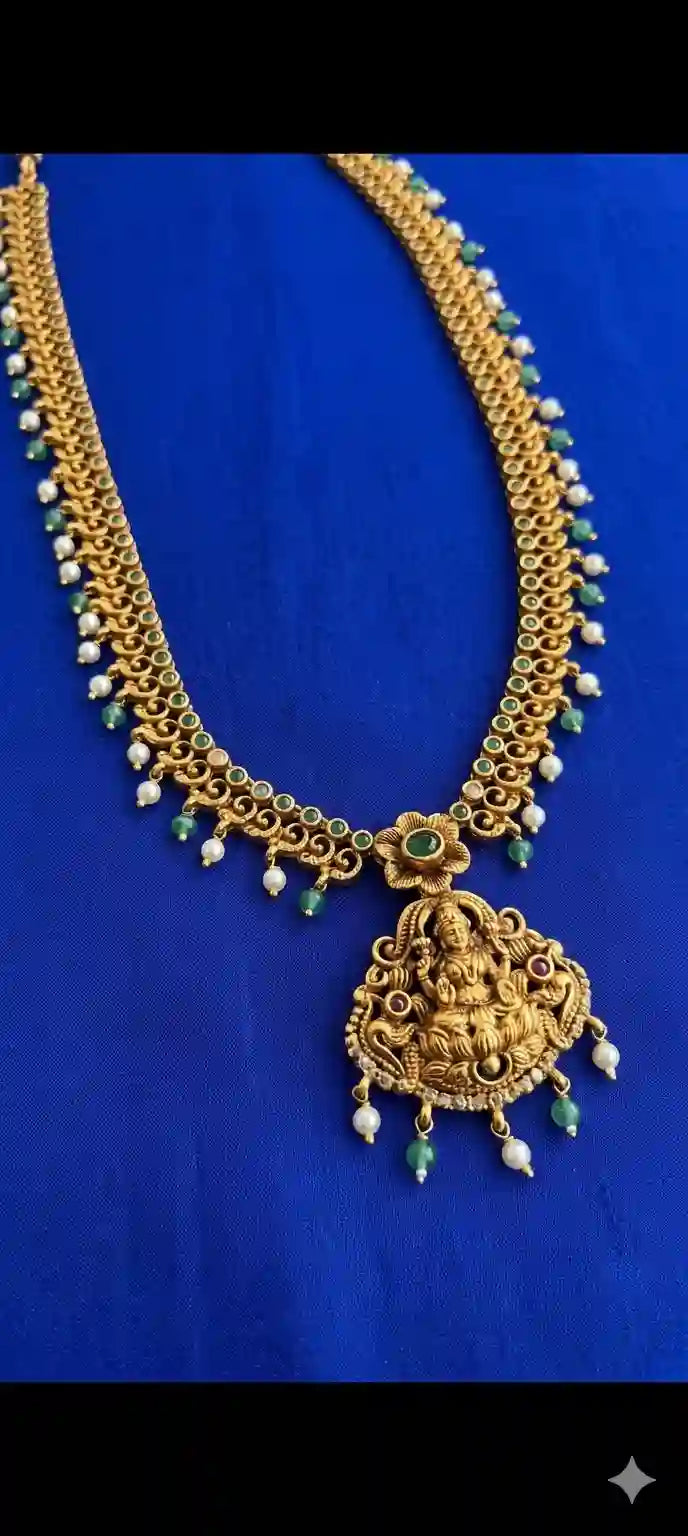 Lakshmi Antique Gold Long Necklace with Emerald Beads and Pearl Drops