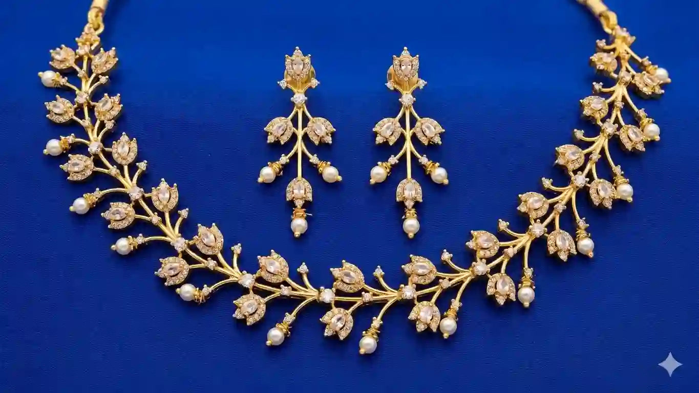 Gold Plated CZ & Pearl Floral Necklace Set with Earrings