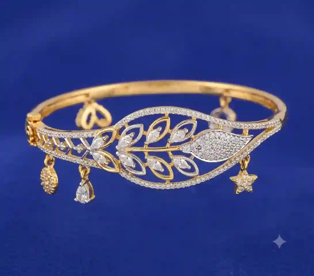 Gold Plated CZ Leaf Charm Bangle