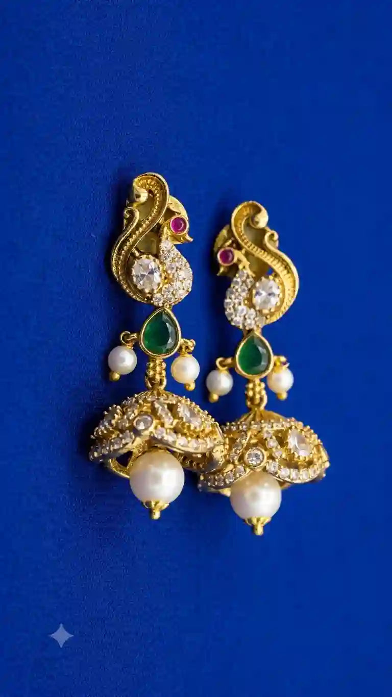 Peacock Kundan Jhumka Earrings with Emerald Drop and Pearl