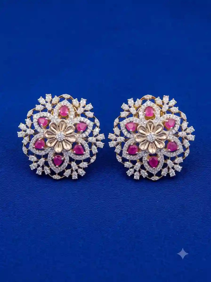 Ruby CZ Diamond Floral Stud Earrings – Gold Plated with Gold Flower Centre