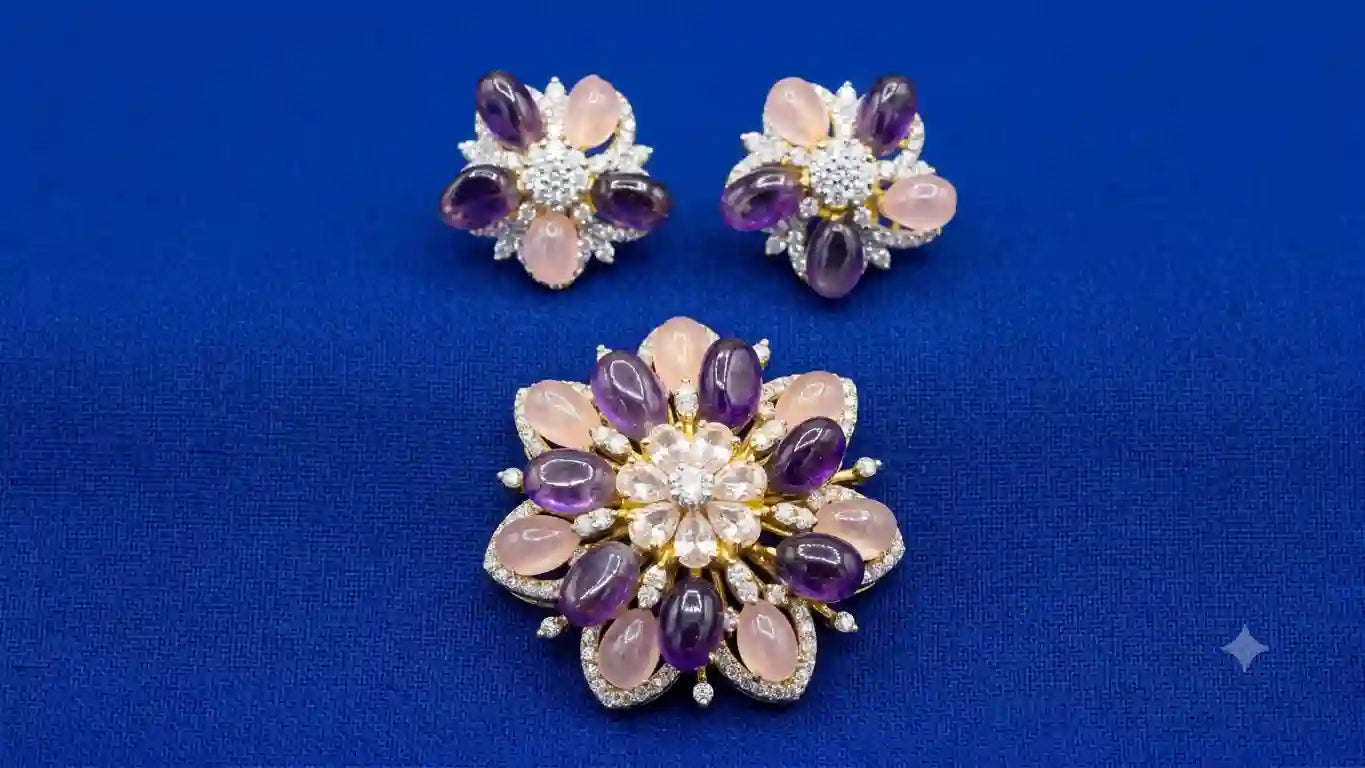 Amethyst and Rose Quartz Floral Brooch and Earrings Set with CZ Stones