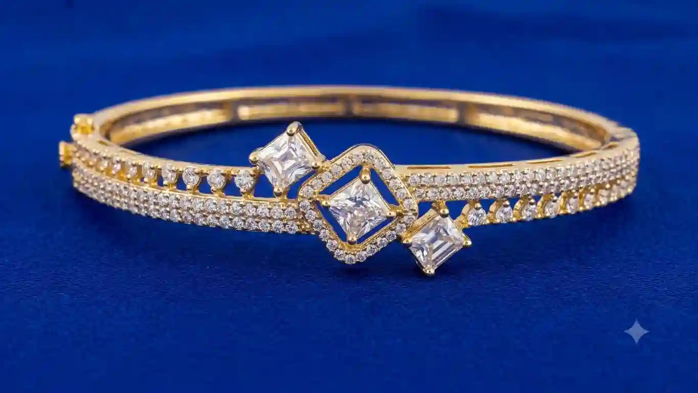 Triple Princess Cut CZ Diamond Bangle Bracelet in Gold Plating